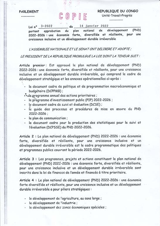 Loi n° 3-2022 du 14 janvier 2022 portant approbation du PND 2022-2026