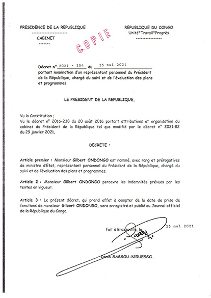 Décret n° 2021 - 304 du 25 mai 2021 portant nomination d'un représentant personnel du Président de la République, chargé du suivi et de l'évaluation des plans et programmes